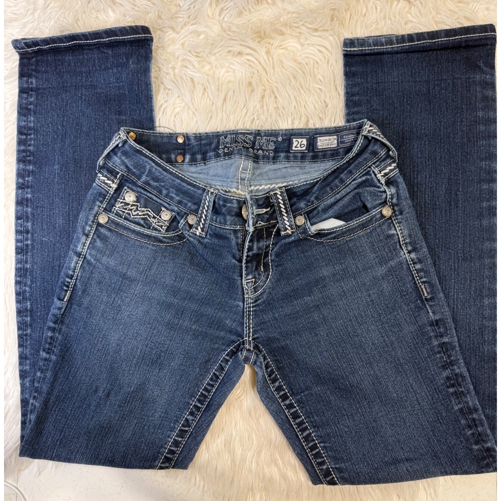 Miss Me Easy Straight Jeans Dark Wash Rhinestone Flap Pocket Size 26